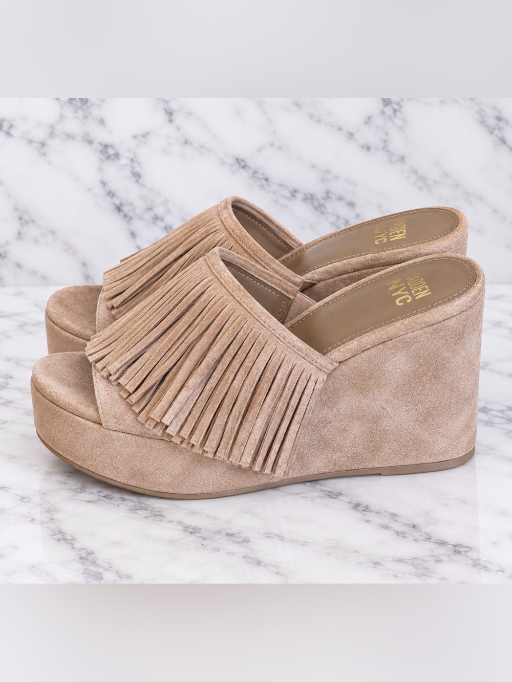 Madden NYC Women's Fringe Platform Wedge Sandal - Taupe Size 7